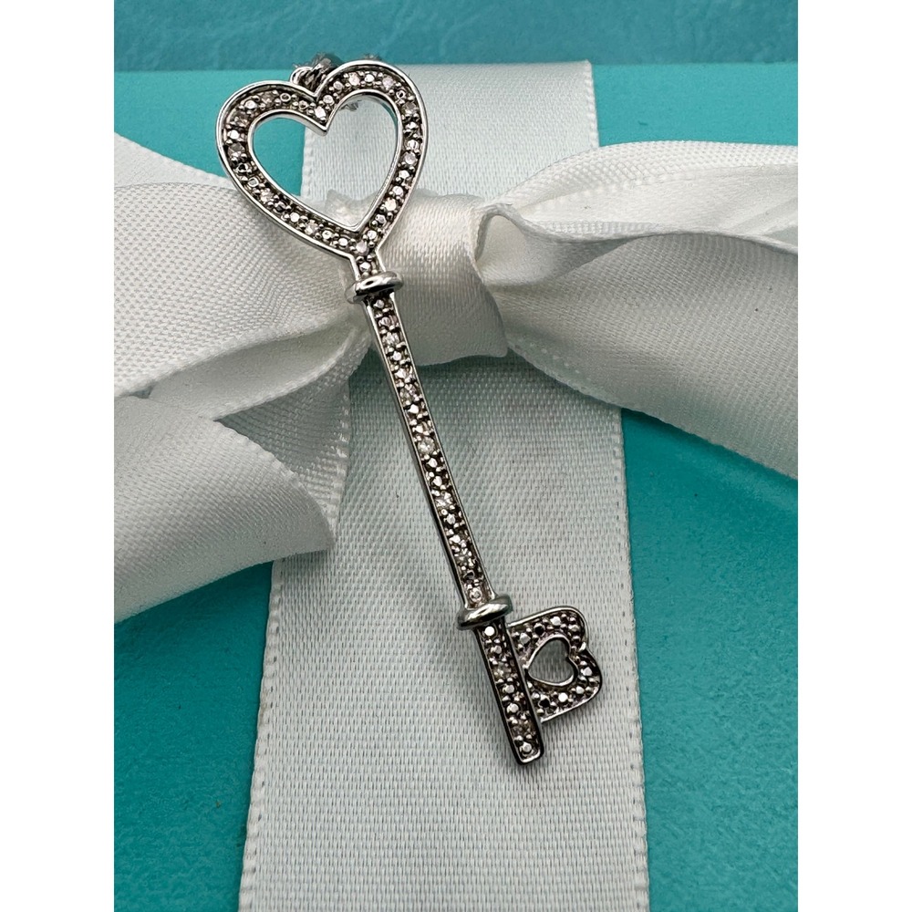 Sterling Silver 925 Heart Key Diamond Pendant Necklace 0.10ctw 1.5 Inch